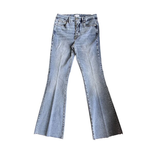 Good American Flared Jeans Size 10 Raw/Distressed Hem Button-Fly Light Wash